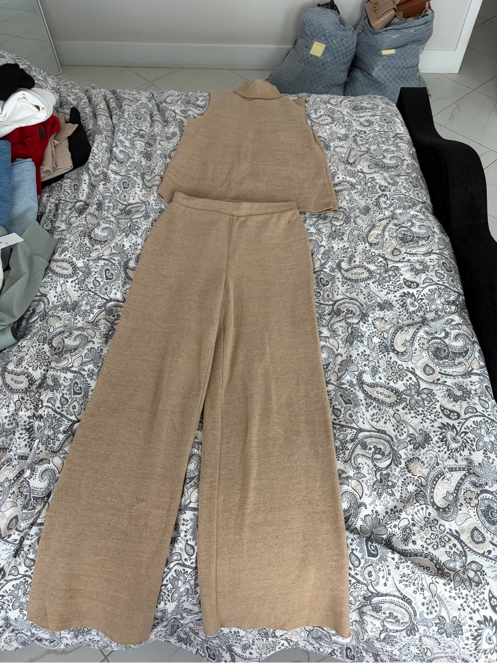Zara Tan Knit Wide-Leg Pants with Sleeveless Top
